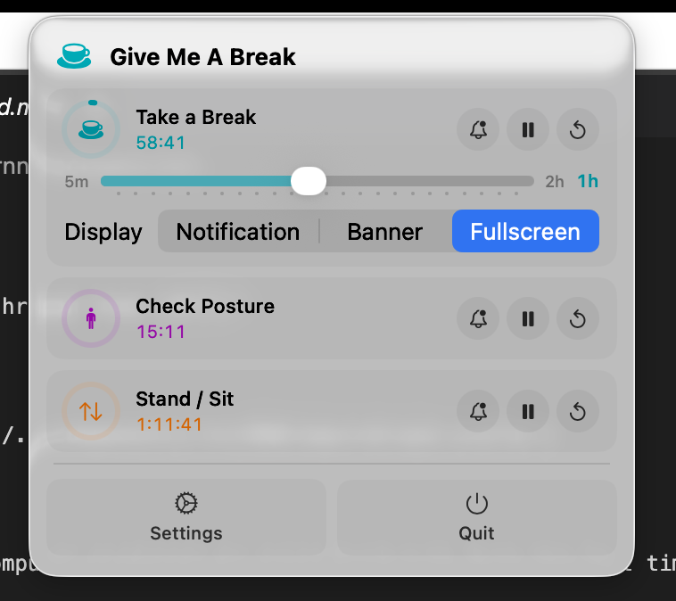 Fullscreen break reminder overlay